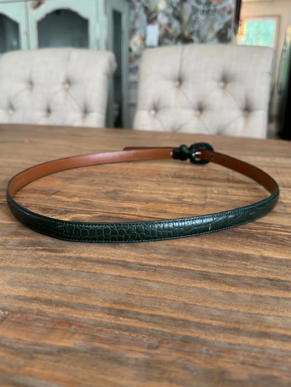 Vintage Lauren Ralph Lauren Dark Forest Green Croc Embossed Thin Belt Sz L 36